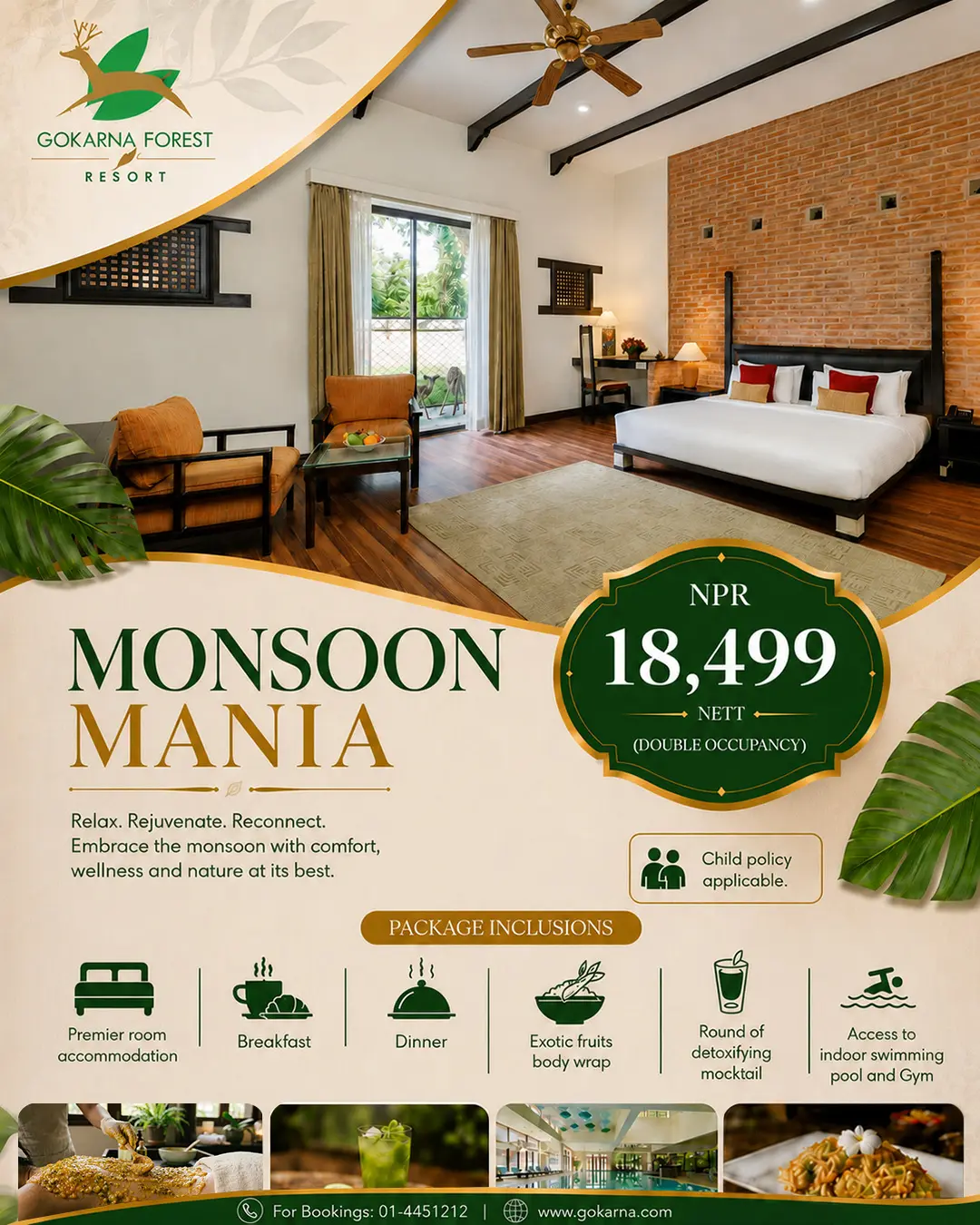 Monsoon Mania Package at Gokarna Forest Resort featuring a Premier Room, breakfast and dinner, spa body wrap, detoxifying mocktail, and indoor pool access.